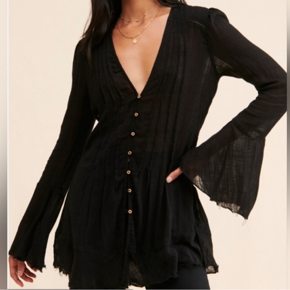 FREE PEOPLE Greta Gauze button down tunic | NWT| XS |black| - Picture 4 of 9